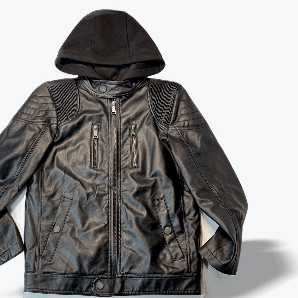 Urban Republic Faux Leather Moto Jacket Hooded Black Kids Size Medium 10Y-2Y‎